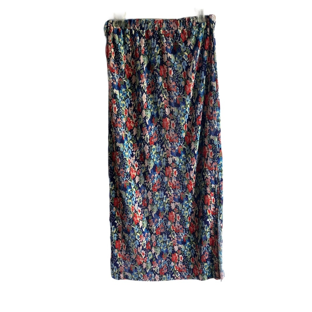 Wayf Floral Accordion Pleated Maxi Skirt Size L Side Slit Pull On Elastic Waist